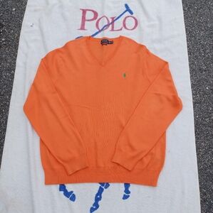Polo Ralph Lauren Sweater Mens XXL Orange Green Pima Cotton V Neck Pullover